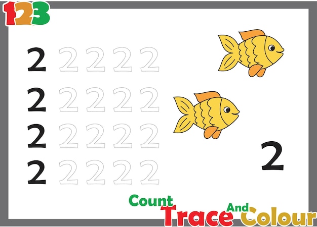 Número de rastros y peces de colores. número de seguimiento para niños.