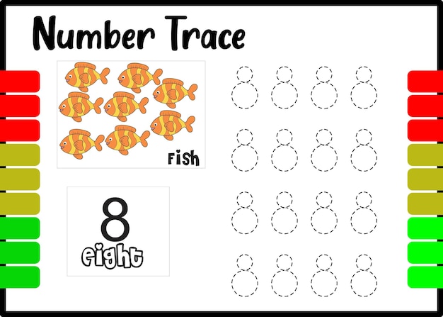 Número de rastros y peces de colores. número de seguimiento para niños.