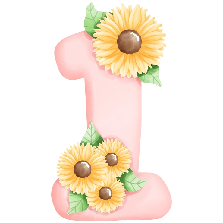 Vector un número rosa 1 con flores y un número 1 que dice 1