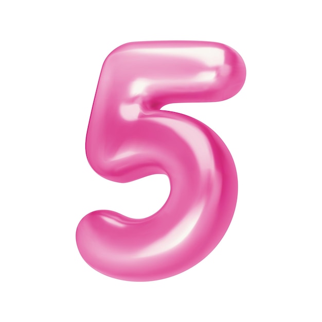 Número rosa 5 Balón de aluminio y cromo número cinco en estilo 3D Elementos de diseño realistas aislados en fondo blanco Ilustración vectorial