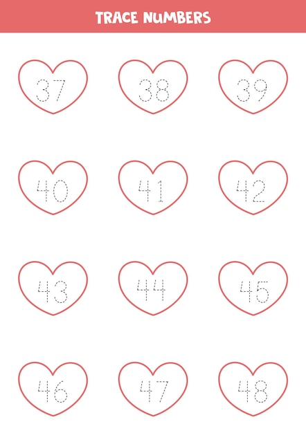 Vector número de seguimiento. hoja de trabajo preescolar para el día de san valentín.