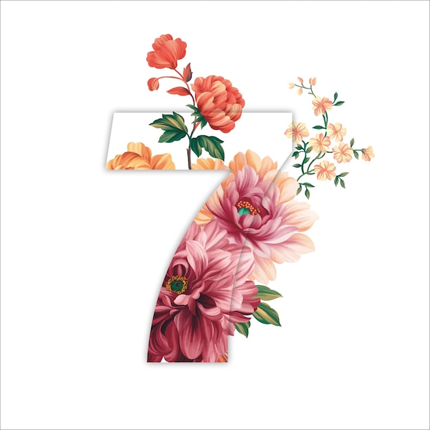 Número siete decorado con hermosas flores y fresco sobre un fondo blanco