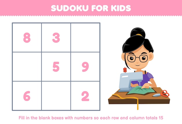 Número de sudoku para niños ayuda a un adorable sastre de dibujos animados llene la caja hoja de trabajo de profesión imprimible