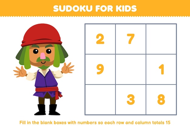 Número de sudoku para niños ayudan a la banda de piratas de dibujos animados lindos llenar la caja hoja de trabajo de pirata imprimible