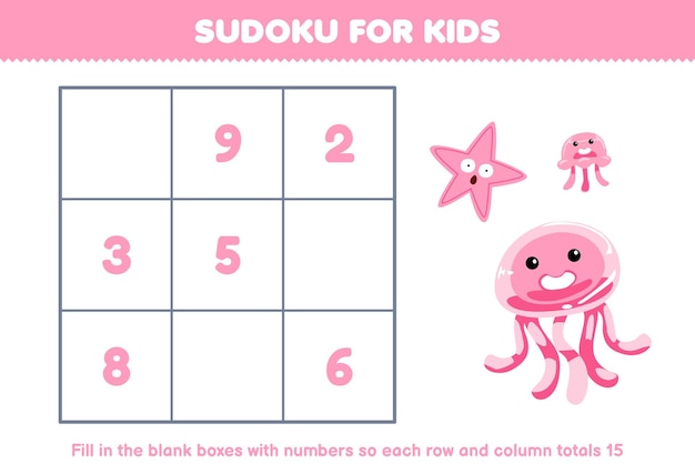 Número de sudoku para niños con lindas estrellas de mar y medusas de dibujos animados hoja de trabajo subacuática imprimible