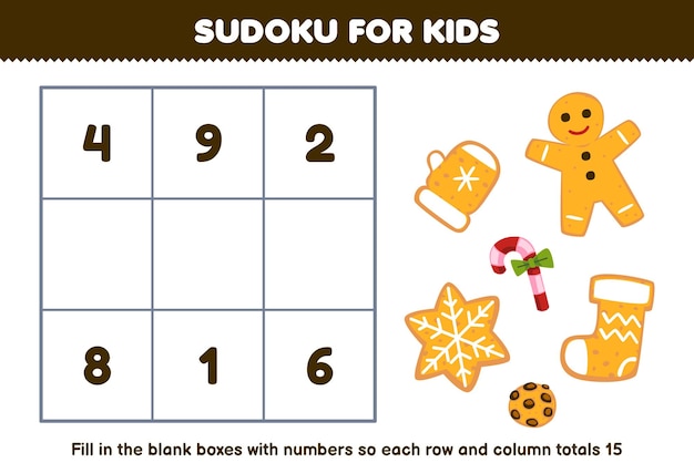 Número de sudoku para niños con lindas galletas de invierno de dibujos animados hoja de trabajo de invierno imprimible