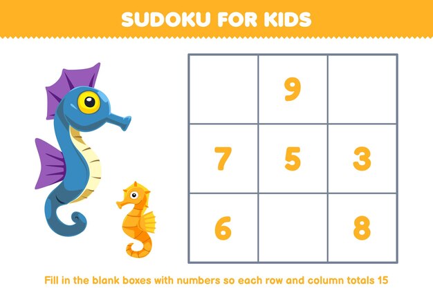 Número de sudoku para niños con un lindo caballo de mar de dibujos animados hoja de trabajo subacuática imprimible