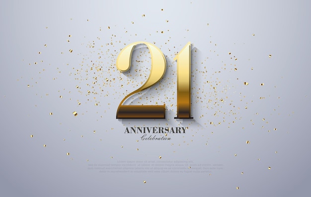 Número vectorial único para la celebración del 21o aniversario con color dorado brillante expuesto a la luz y se encuentra sobre un magnífico telón de fondo blanco