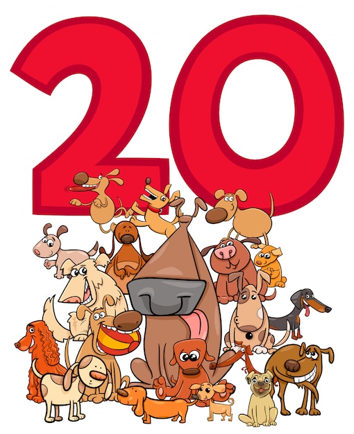 Número veinte y grupo de perros de dibujos animados | Vector Premium