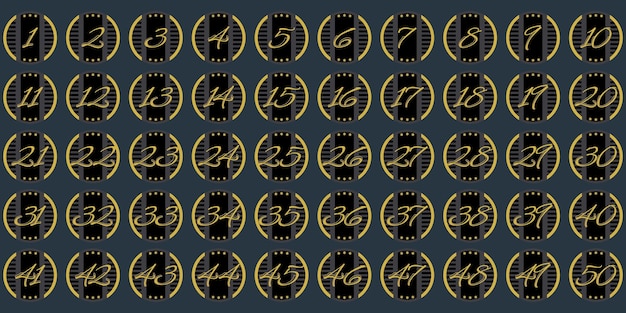 Números 1 a 50 estrellas latinas oro negro línea de corte gris icono logotipo