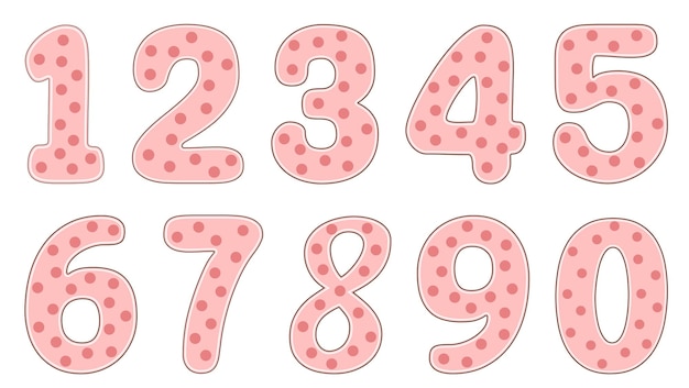 Números del 1 al 0 con puntos rosados Fuente infantil Bebé recién nacido Lindo conjunto de bebé Conjunto de imágenes prediseñadas