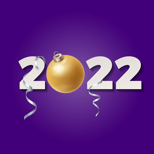 Números 2022 con cintas y bola de Navidad sobre fondo morado