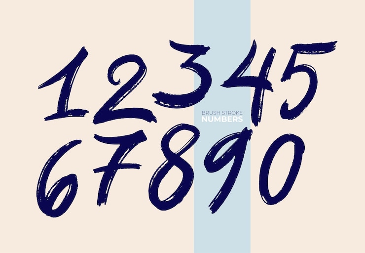Vector números del alfabeto de trazo de pincel estilo digital boceto de garabato dibujado a mano números azules 1 2 3 4 5 6 7 8 9 0 dibujado a mano con un pincel ilustración vectorial aislado sobre fondo blanco