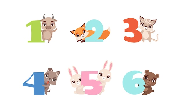 Números de aniversario con animales lindos Conjunto Bull Fox Kitten Puppy Bunny Bear Ilustración vectorial al estilo de dibujos animados