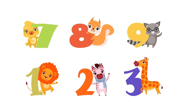 Vector números de aniversario con animales lindos conjunto de patitos ardillas mapaches leones cebras jirafas ilustraciones vectoriales en estilo de dibujos animados