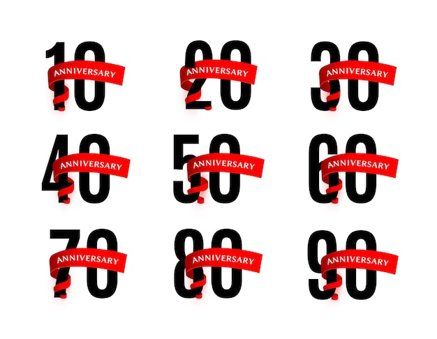 Números de aniversarios con ilustraciones vectoriales de cinta roja establecen números negros con bandas carmesí