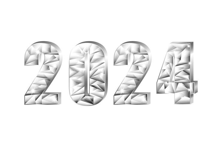 Vector números de año nuevo de diamantes de plata 2024 3d ilustración de vector de plata de moda con estilo