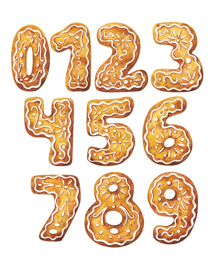 Vector números del cero al nueve en forma de pan de jengibre. conjunto de ilustraciones en acuarela.