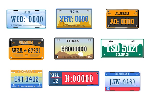 Vector números de coche, placas, licencia de vehículo, estados americanos, iconos aislados, vector, arizona, alabama, y, alaska, dígitos y letras, transporte, registro, texas, y, virginia, indiana, groenlandia y colorado