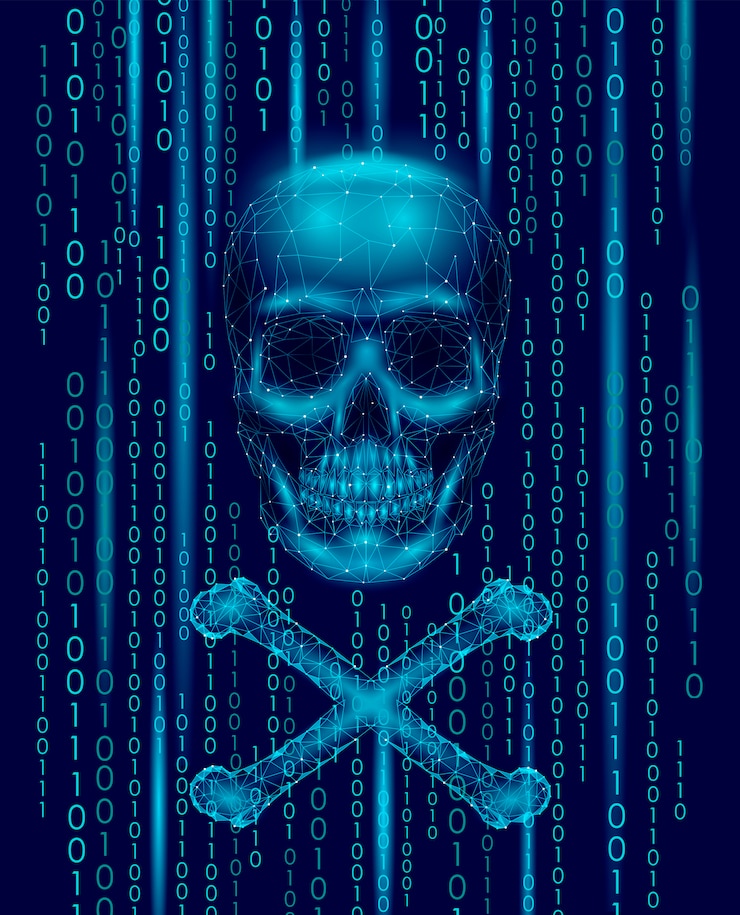 Vector números de código binario del cráneo de jolly roger, alerta de ataque en línea de la computadora de piratería pirata informático,