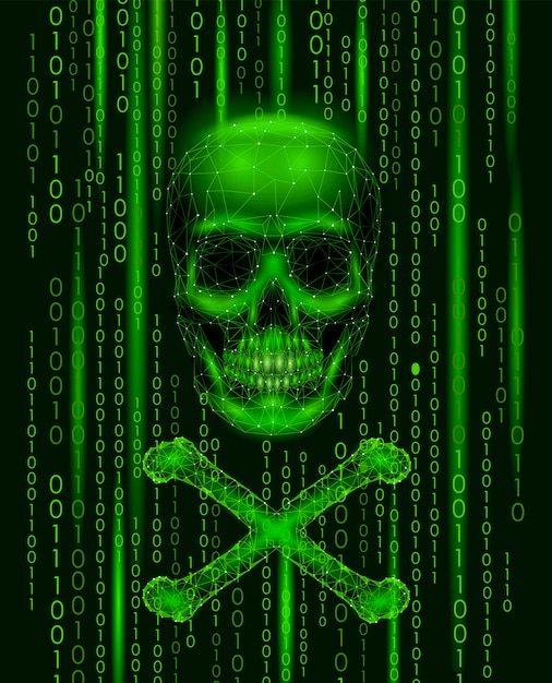 Vector números de código binario del cráneo de jolly roger, computadora pirata pirata informático en línea