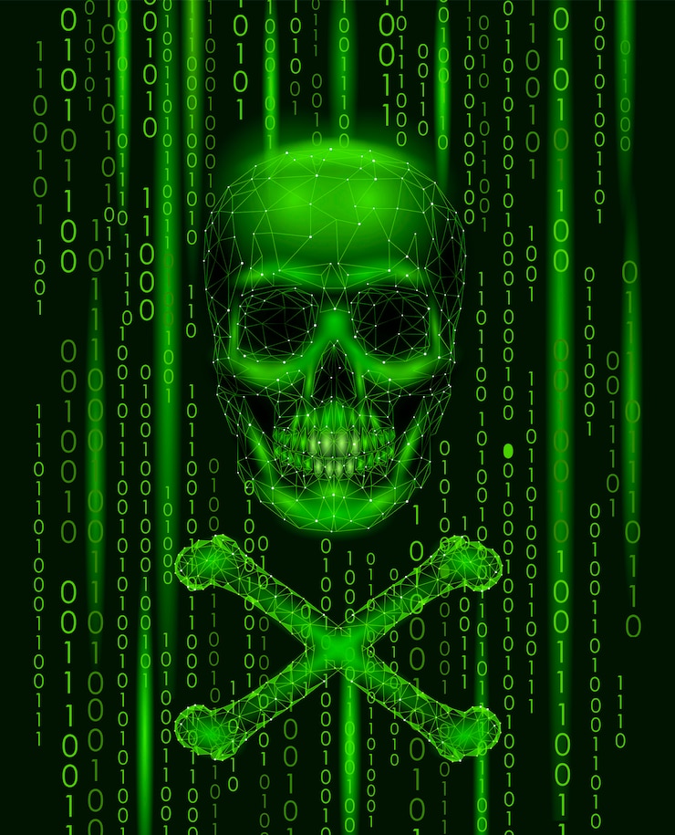 Vector números de código binario del cráneo de jolly roger, computadora pirata pirata informático en línea