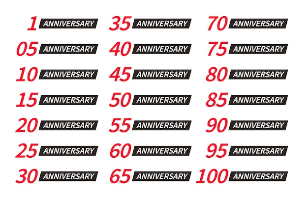 Números de color rojo y negro aislados con colección de iconos de años de palabra sobre fondo blanco elementos de tarjeta de felicitación de aniversario de cumpleaños establecer logotipos vectoriales