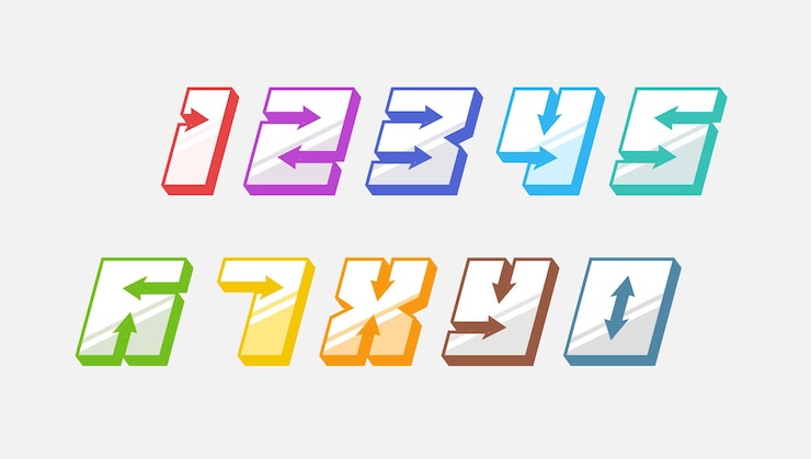 Vector números coloridos en d estilo vintage cursiva con flechas en tipografía de moda de estilo rápido