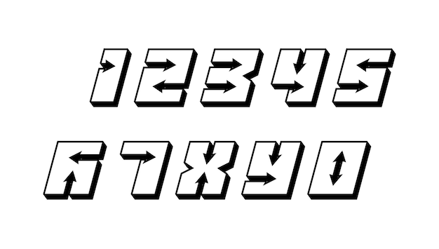Números coloridos en d estilo vintage cursiva con flechas en tipografía de moda de estilo rápido