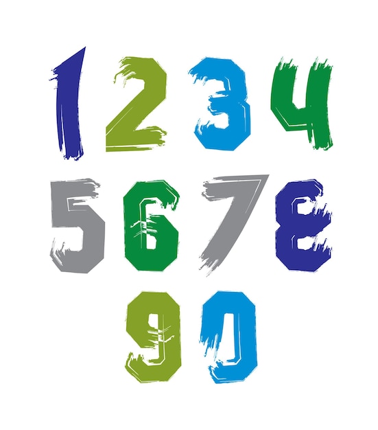 Números coloridos escritos a mano creativos establecidos de 0 a 10, dígitos vívidos de graffiti vectorial aislados en fondo blanco.