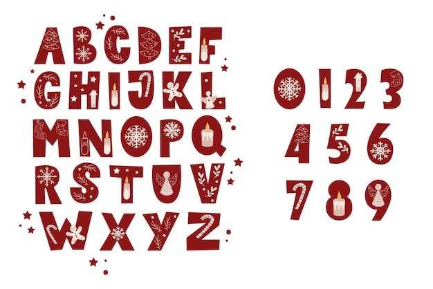 Números y el conjunto de alfabeto de Navidad. Ilustración vectorial.