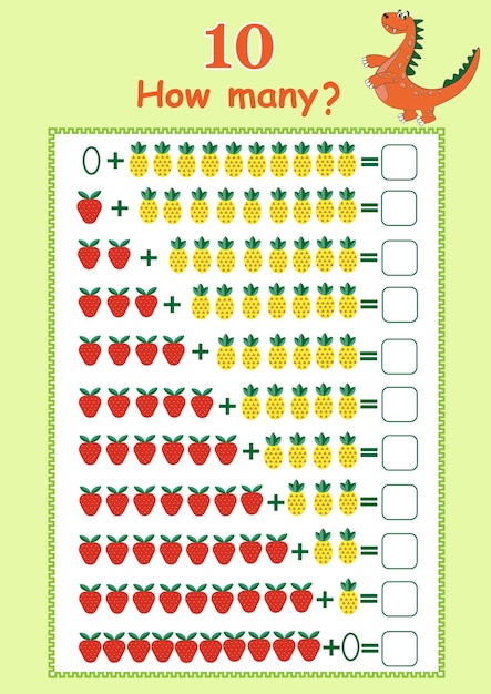 Números ¿Cuántas frutas y bayas hay? Juego de conteo para niños Ficha de trabajo de conteo de matemáticas