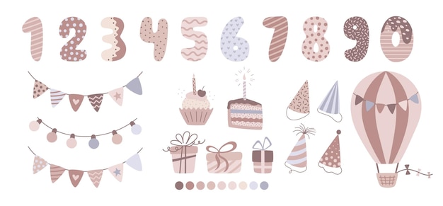 Números de cumpleaños configurados en estilo de moda Colección de elementos de cumpleañas festivos en diseño de dibujos animados