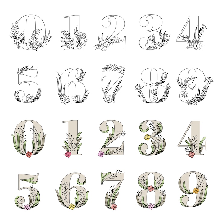 Vector números decorativos alfabeto floral flores botánicas símbolos estilizados para letras colección de números de vectores recientes