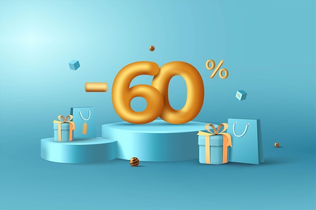 Vector números de descuento de oro 3d del 60 por ciento de descuento en el podio con bolsa de compras y caja de regalo