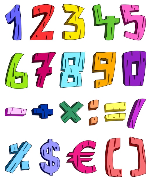 Números de dibujos animados 3d Matemáticas y monedas Conjunto de signos