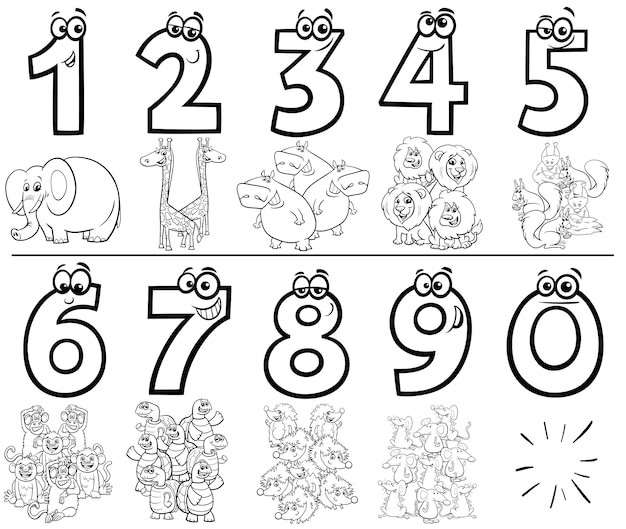Números de dibujos animados set libro para colorear con animales | Vector Premium Números de dibujos animados set libro para colorear con animales | Vector Premium