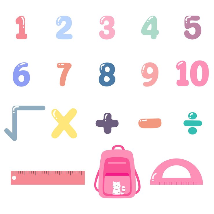 Números de dibujos animados y símbolos matemáticos para la educación elementos matemáticos elementos escolares mochila