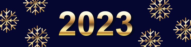 Vector números dorados 2023 en el centro de la pancarta de saludo y copos de nieve dispersos alrededor