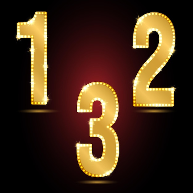 Vector números dorados brillantes conjunto de tres números uno dos y tres