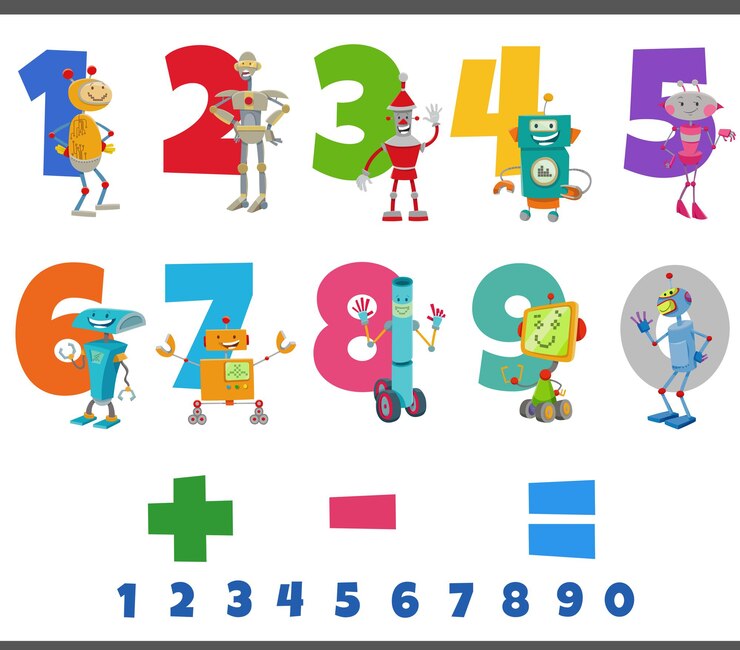 Vector números educativos con personajes de robots divertidos