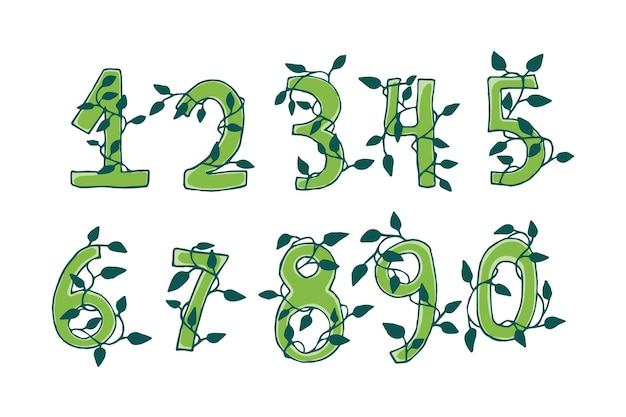 Números entrelazados con hojas doodle dibujos animados lineales