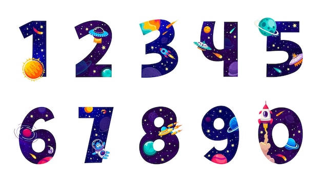 Vector números espaciales de galaxias de dibujos animados para un divertido juego de matemáticas