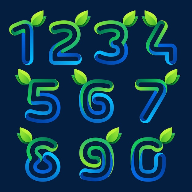 Los números establecen logotipos con hojas verdes. Elementos de plantilla de diseño vectorial para aplicación de ecología, presentación, página web, tarjeta.