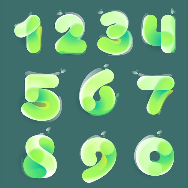 Números establecidos con degradado verde y hojas en estilo Glassmorphism