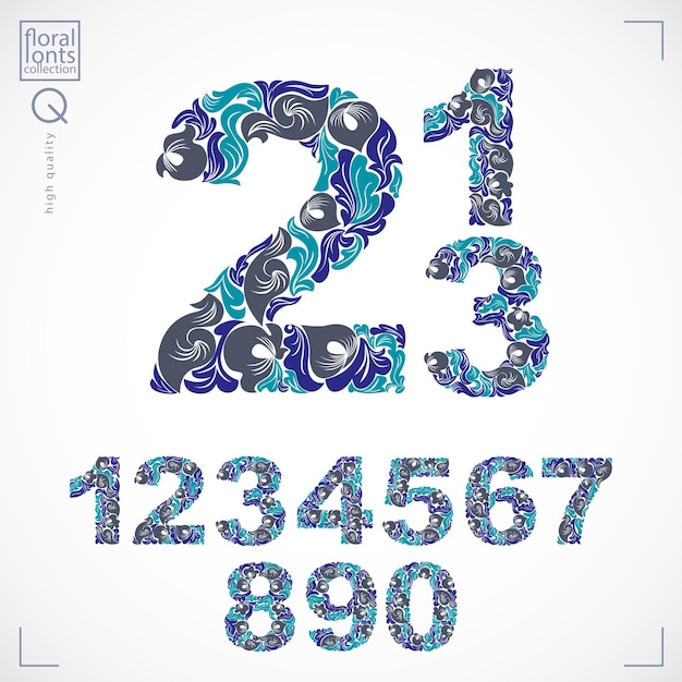 Números florales, números vectoriales dibujados a mano decorados con motivos botánicos. Numeración ornamental azul, dígitos realizados en diseño vintage.