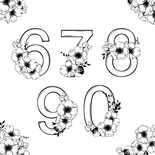 Números con flores de primavera Número de flor elegante fecha y monograma numérico Conjunto vectorial