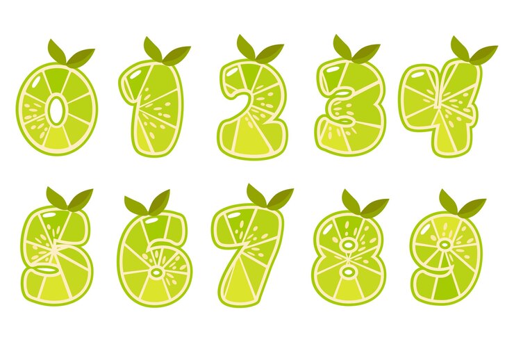 Vector números de frutas de lima números de cítricos números figuras 09 números cubiertas de pasteles tarjetas educativas pegatinas tipografía impresión para su diseño