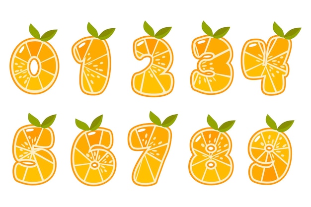 Números de frutas de naranja Números de cítricos Números figuras 09 Números cubiertas de pasteles tarjetas educativas pegatinas tipografía impresión para su diseño