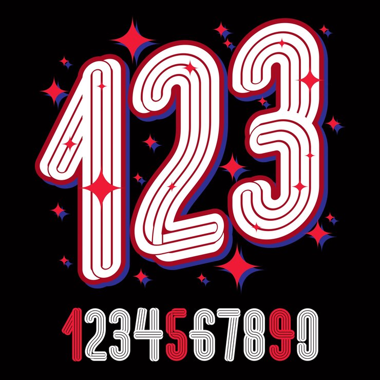 Vector números funky artísticos vectoriales, conjunto de números modernos hechos con líneas paralelas triples. se puede utilizar en el diseño de afiches retro como publicidad de fiestas de karaoke.